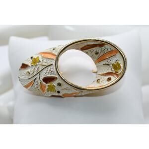 Vintage BSK Enamel Brooch White Orange Brown Gold Rhinestone 1950s